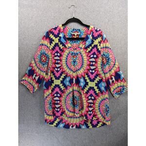 Annie Griffin Silk Blouse Tunic Womens Sz Large Kaleidoscope Bright Colorful Fun